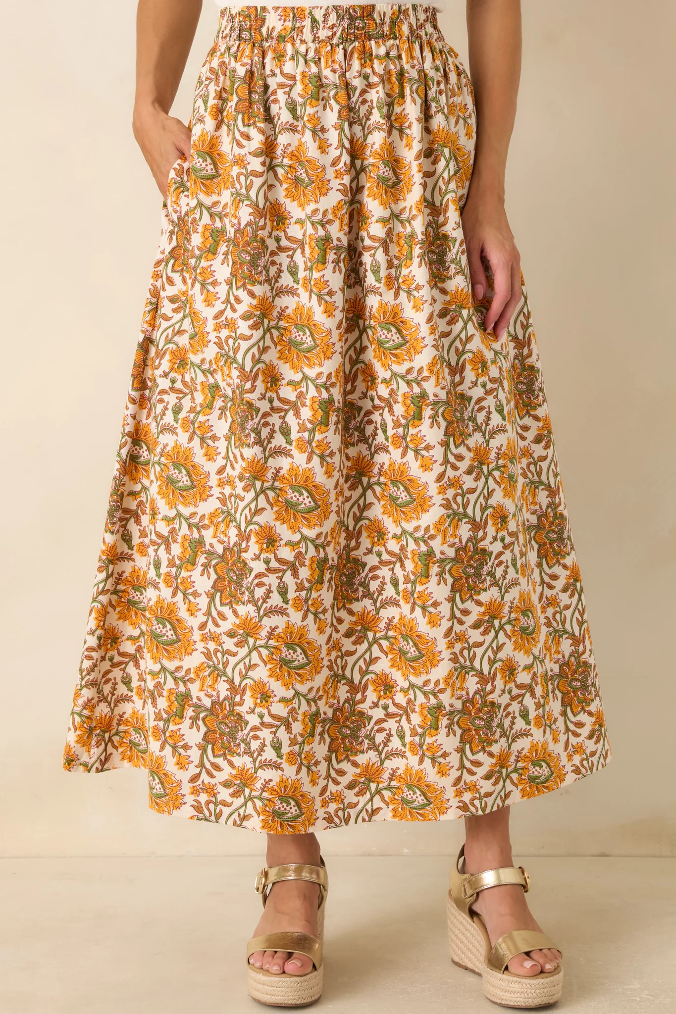 Easy to Love Marigold & Olive Green Floral Cotton Maxi Skirt | Red Dress