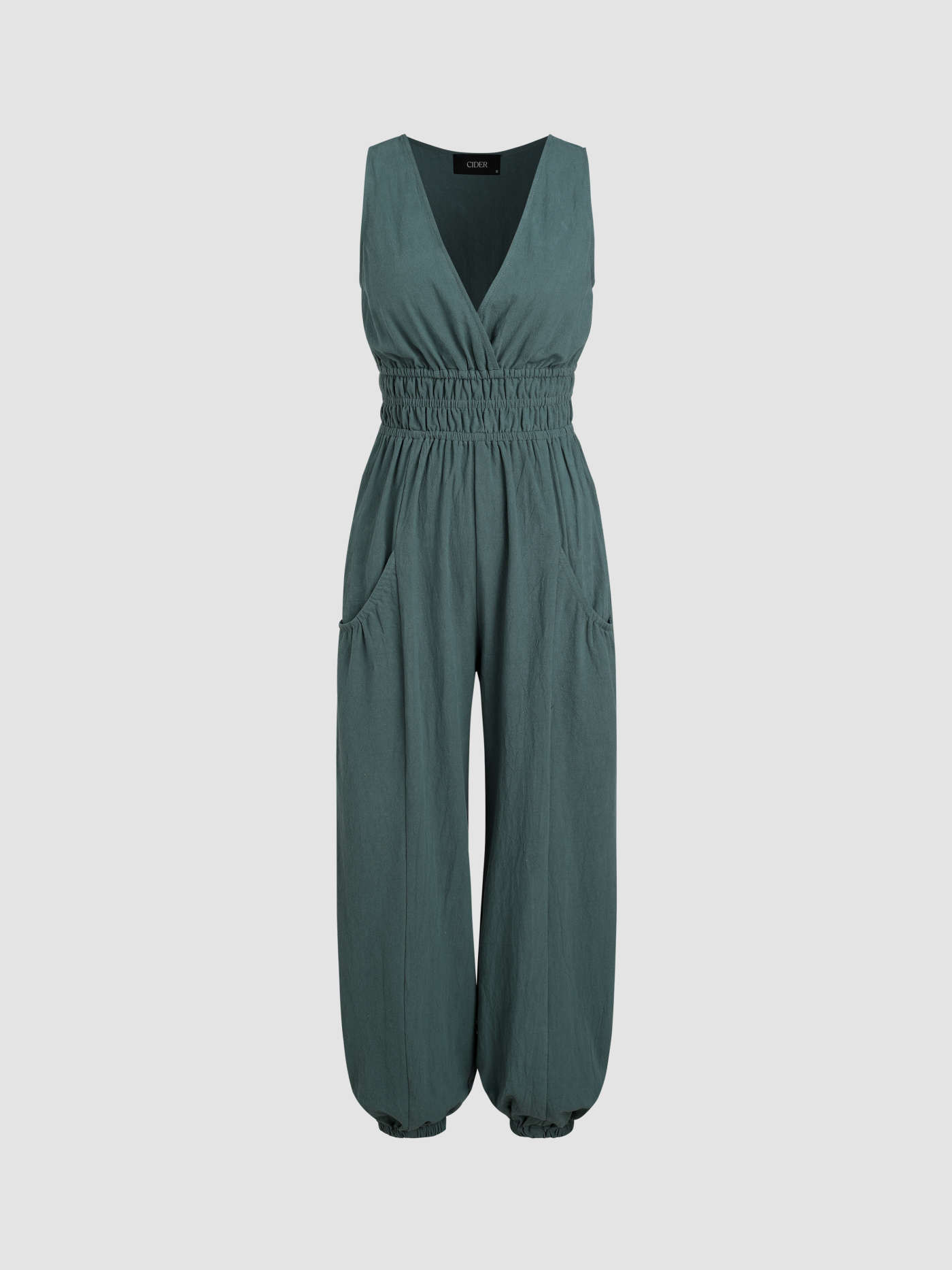 Linen-blend V-neck Shirred Pocket Jogger Jumpsuit For Daily Casual | Cider