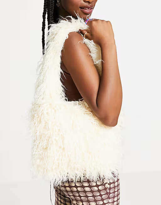 ASOS DESIGN mini tote bag in natural long faux fur | ASOS (Global)