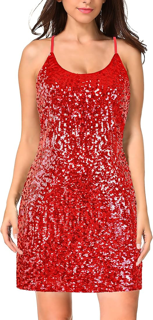 MANER Women's Glitter Sequin Dress Adjustable Spaghetti Strap Sparkle Party Dresses | Amazon (US)