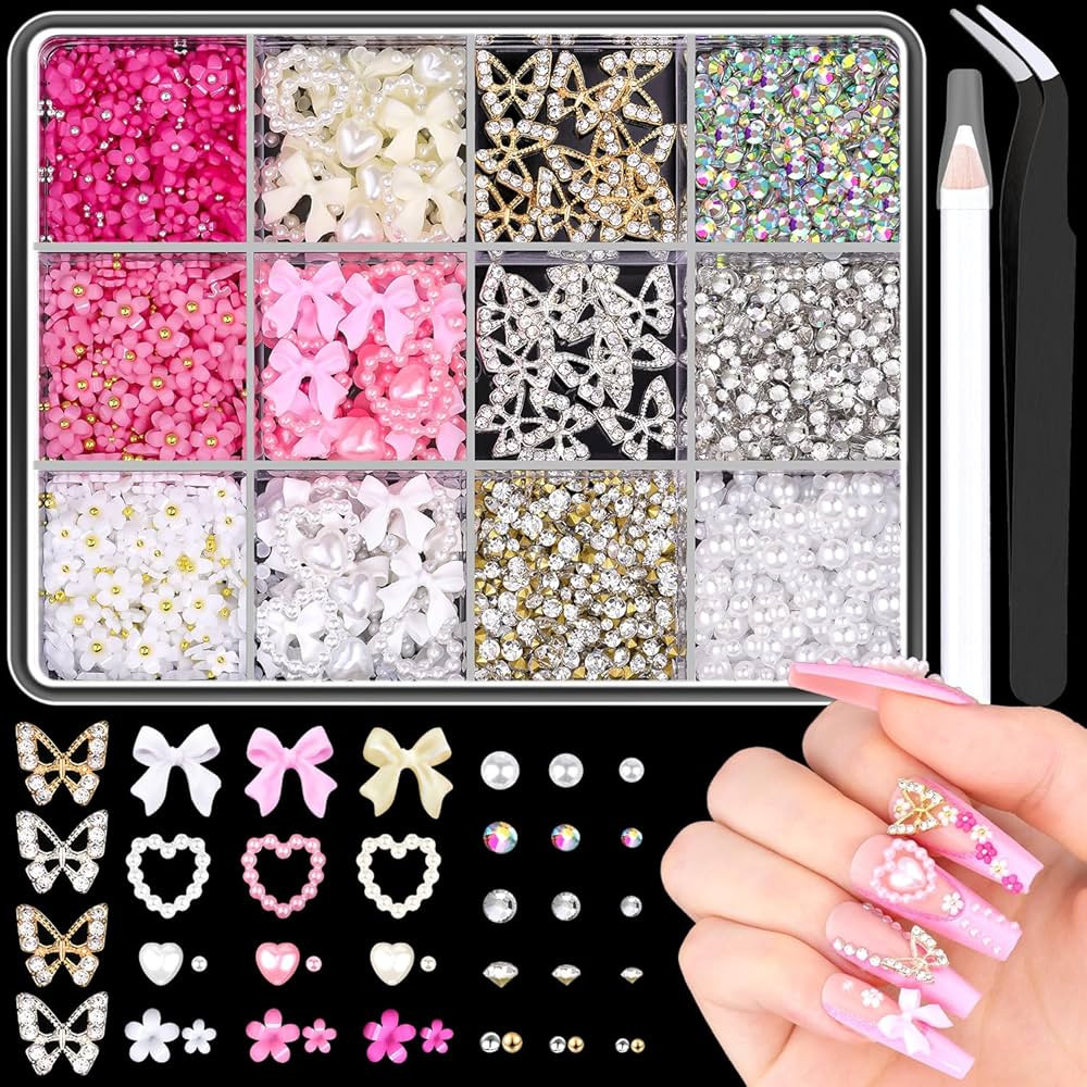 3D Nail Charms and Gems Set 7, 20PCS Chunky Butterfly Charms + 75PCS Coquette Nail Bows and Heart... | Amazon (US)