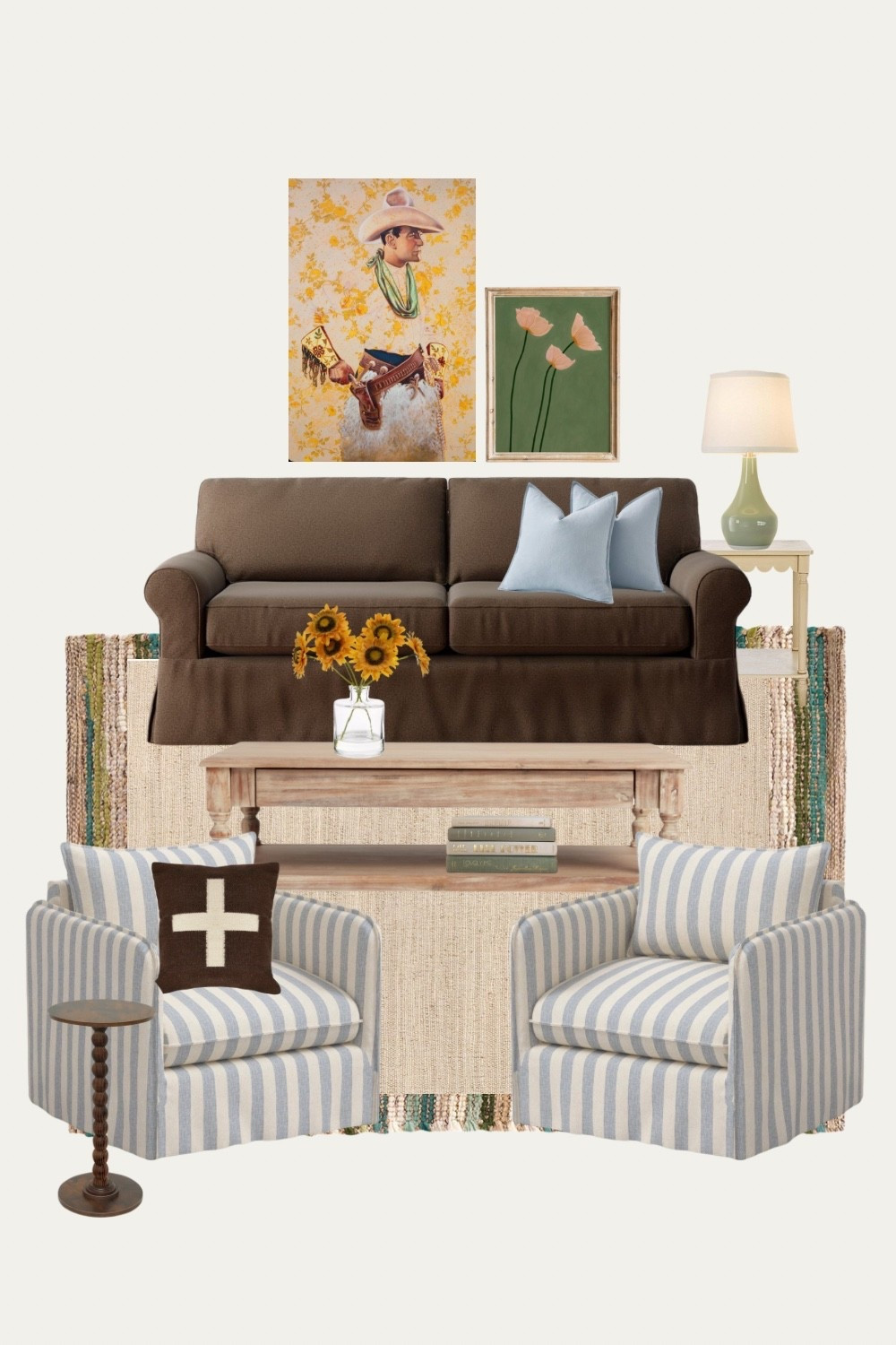 Fun muted color living room 

Brown sofa, Cowboy art, western art, stripe accent chairs, stripe chairs, pop of color, living room ideas, living room decor, living room furniture 

#LTKSaleAlert #LTKHome