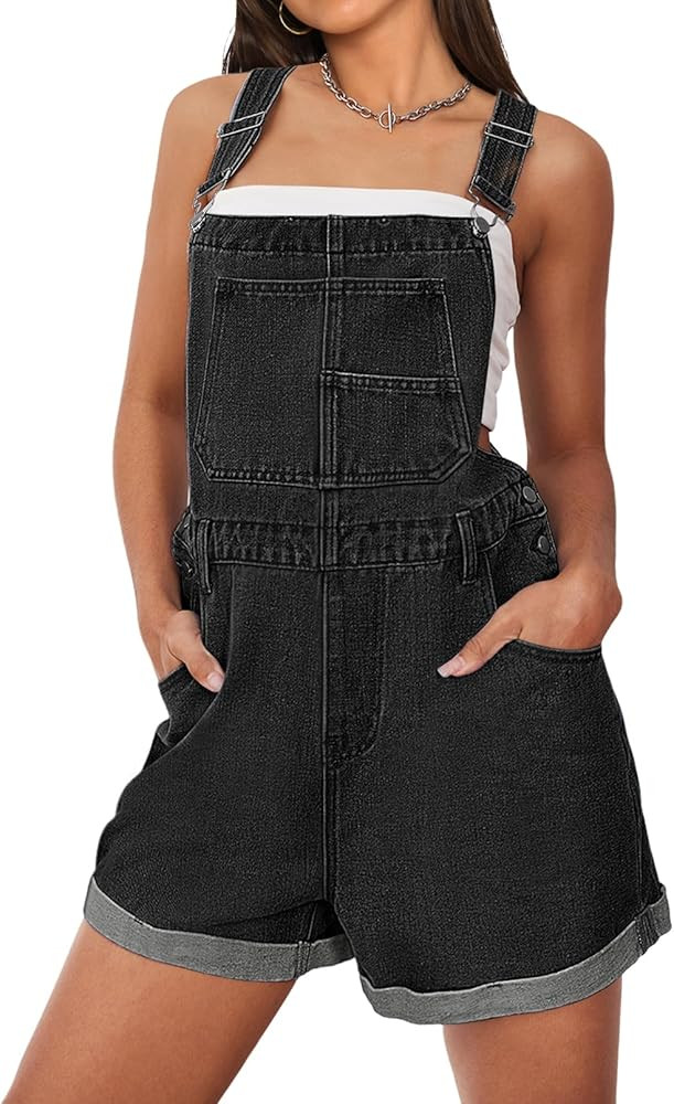 MEROKEETY Women's Denim Shortalls Adjustable Straps Bib Overalls Shorts Cuffed Jean Romper with P... | Amazon (US)