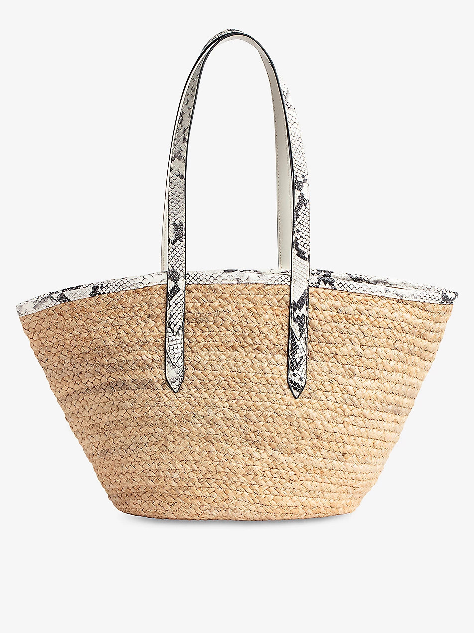 Slogan-embroidered leather-handle jute tote | Selfridges