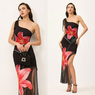 1pc Women's Elegant Floral Print Slit Maxi One Shoulder Dress,Sexy Slit Maxi Dress - The Ideal Choice For Summer Parties,Chic Black Floral Dress Desig | SHEIN