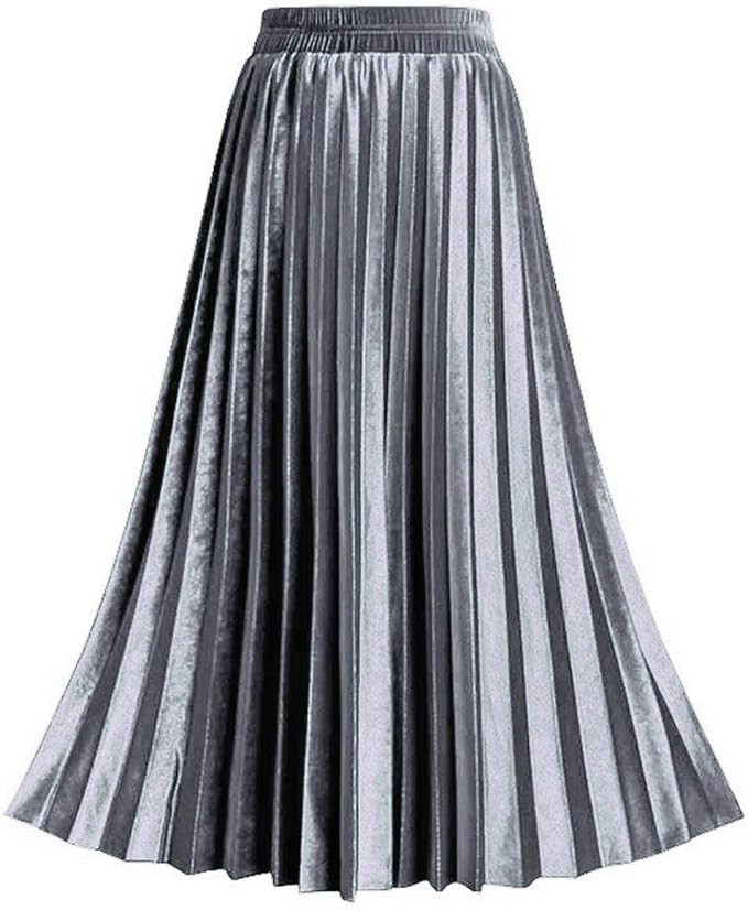 TONCHENGSD Women's High Elastic Waist Velvet Midi Long Pleated Swing Ruffled Skirt | Amazon (US)