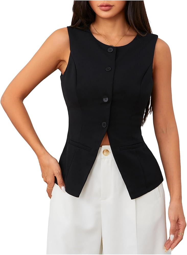 MakeMeChic Women's Vest Top Sleeveless Blazer Split Hem Button Down Dressy Suit Vest Outerwear Wa... | Amazon (US)