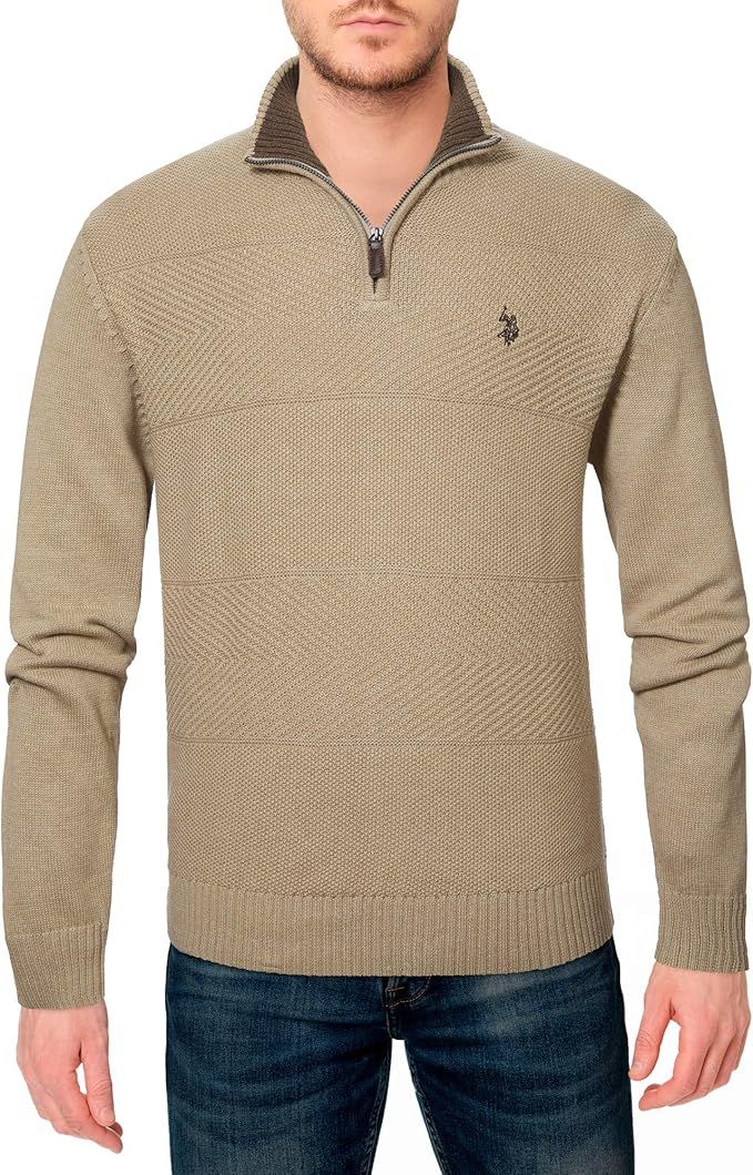 U.S. Polo Assn. Mens Solid Texture Chest Stripe 1/4 Sweater (XXL, Charcoal Heather) | Amazon (US)