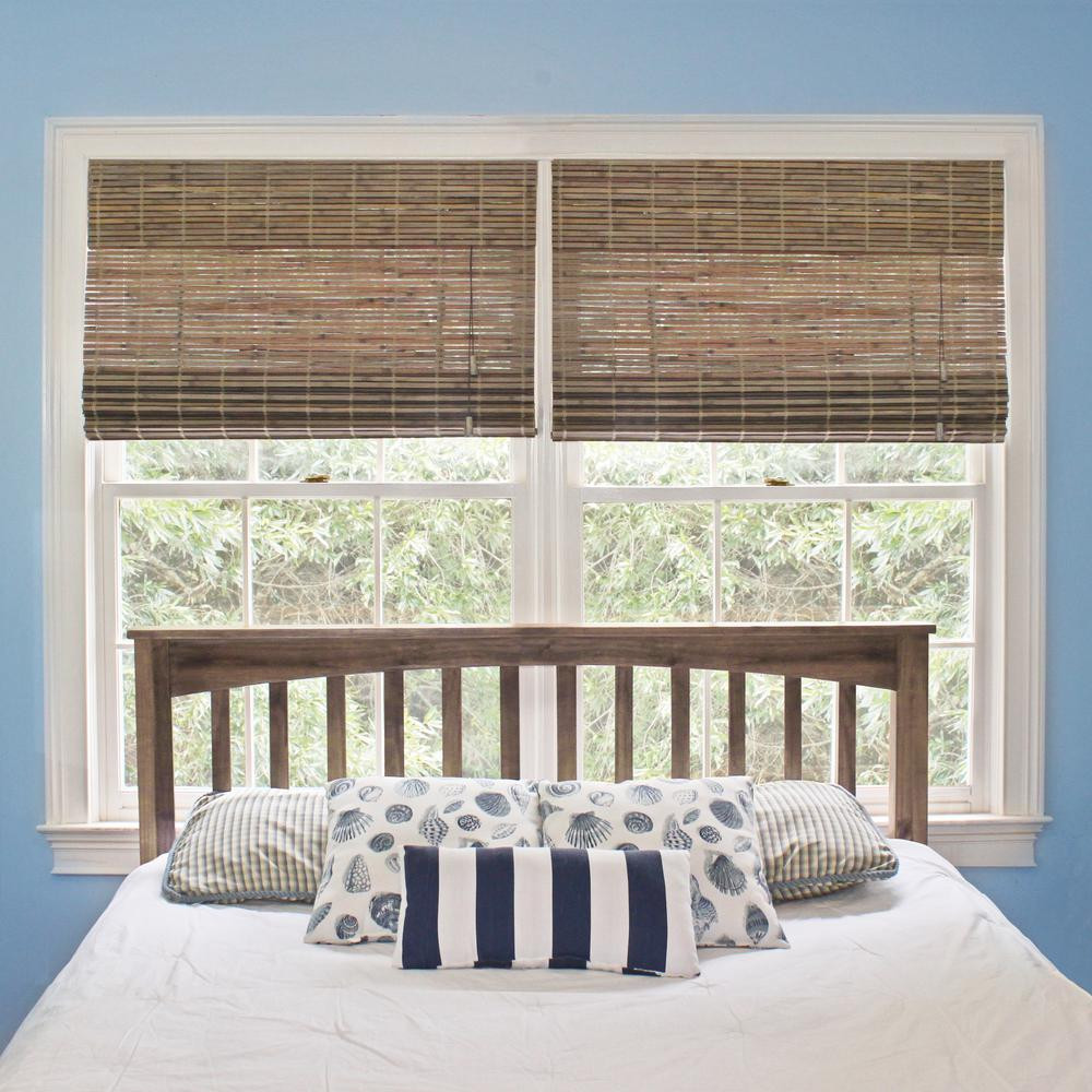 Cordless Cut-to-Width Driftwood Flatweave Bamboo Roman Shade - 35 in. W x 72 in. L (Actual Size 3... | The Home Depot