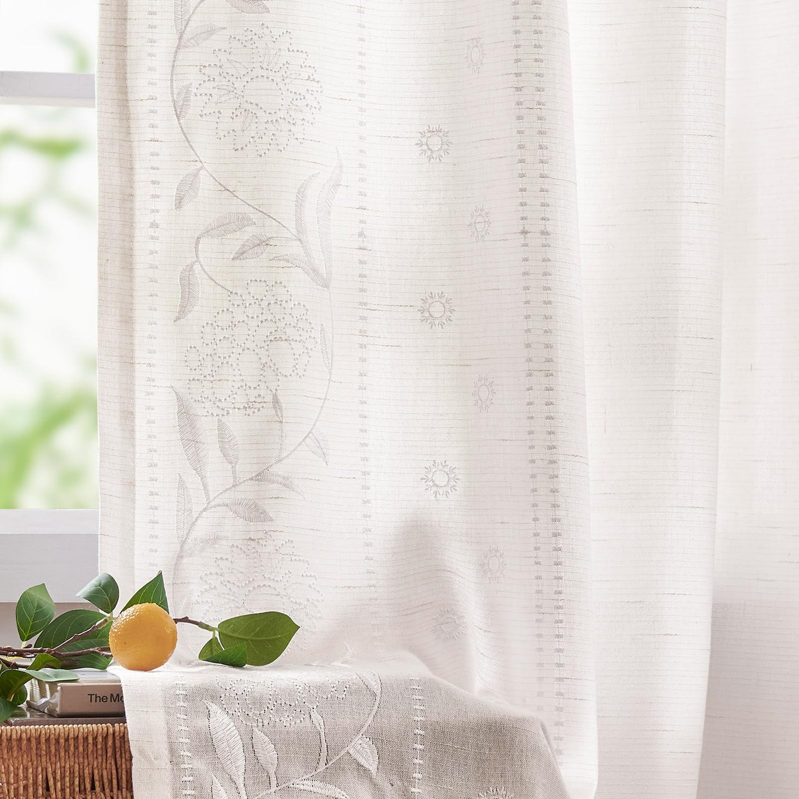 jinchan Winslow White Linen Curtains for Bedroom 84 Inches Length Embroidered Bordered Floral Cur... | Amazon (US)