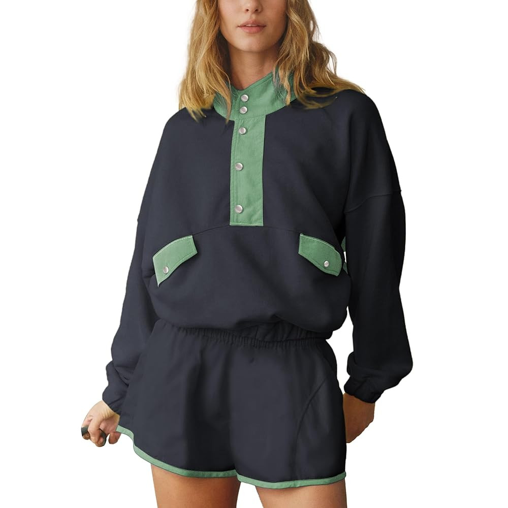 Workout Sets for Women Long Sleeve Half Button Pullover Elastic Waist Shorts Slouchy 2 Piece Set ... | Amazon (US)