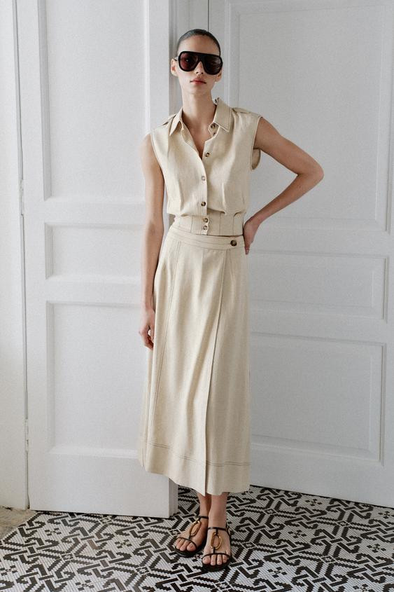 LINEN BLEND WRAP MIDI SKIRT | Zara US