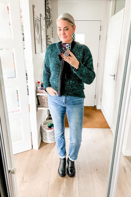 Ootd - Thursday. Teal fuzzy glitter sweater over a sheer black blouse with bow detail paired with sustainable straight blue jeans from Long Tall Sally and track sole Chelsea boots. 

#LTKgift 

LTKFestiveSaleNL #LTKover40 #LTKHoliday