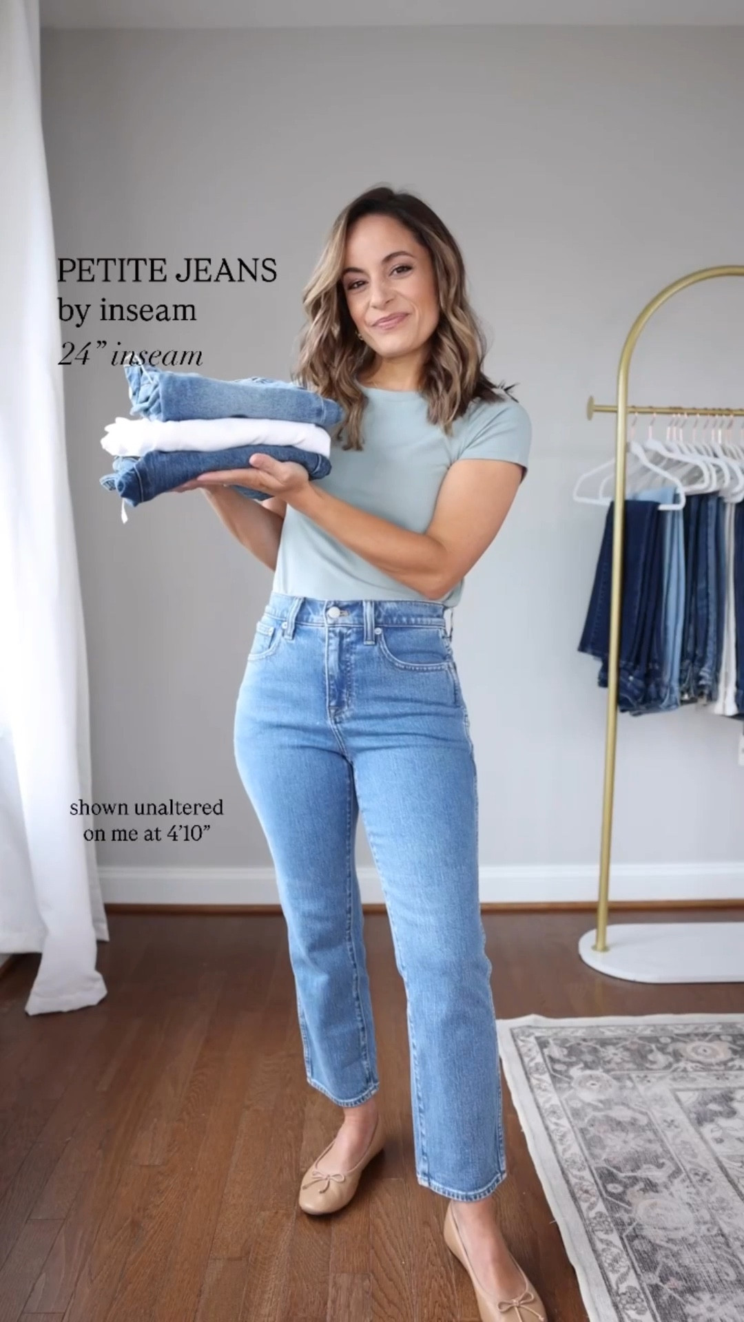 Petite jeans by inseam: 24”

J.Crew ‘03 Kick Out 
24” inseam in petite 
9” rise
24 P - tts, full stretch denim 

J.Crew Slim Wide (these were measured after washing and drying, they shrank some in the wash)
24” inseam 
10” rise 
Sized down 23P 
Stretch thick denim 

J.Crew Factory Classic Vintage 
24.5” inseam in petite 
10” rise
24P , true to size thick denim w stretch, doesn’t bag out 

AE Stovepipe crop
24.5” inseam in short 
9” rise 
00 short, true to size, has a relaxed fit. Rigid denim that loosens with wear

T-Shirt:xs (chose regular for more length)

My measurements for reference: 4’10” 105lbs bust, waist, hips 32”, 24”, 35” size 5 shoe. 25” inseam measurement to my ankle bone. 

#LTKPetite