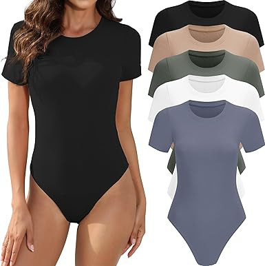MLYENX Paquete de 5 trajes de cuerpo para mujer, manga corta, cuello redondo, casual, elástico, ... | Amazon (US)