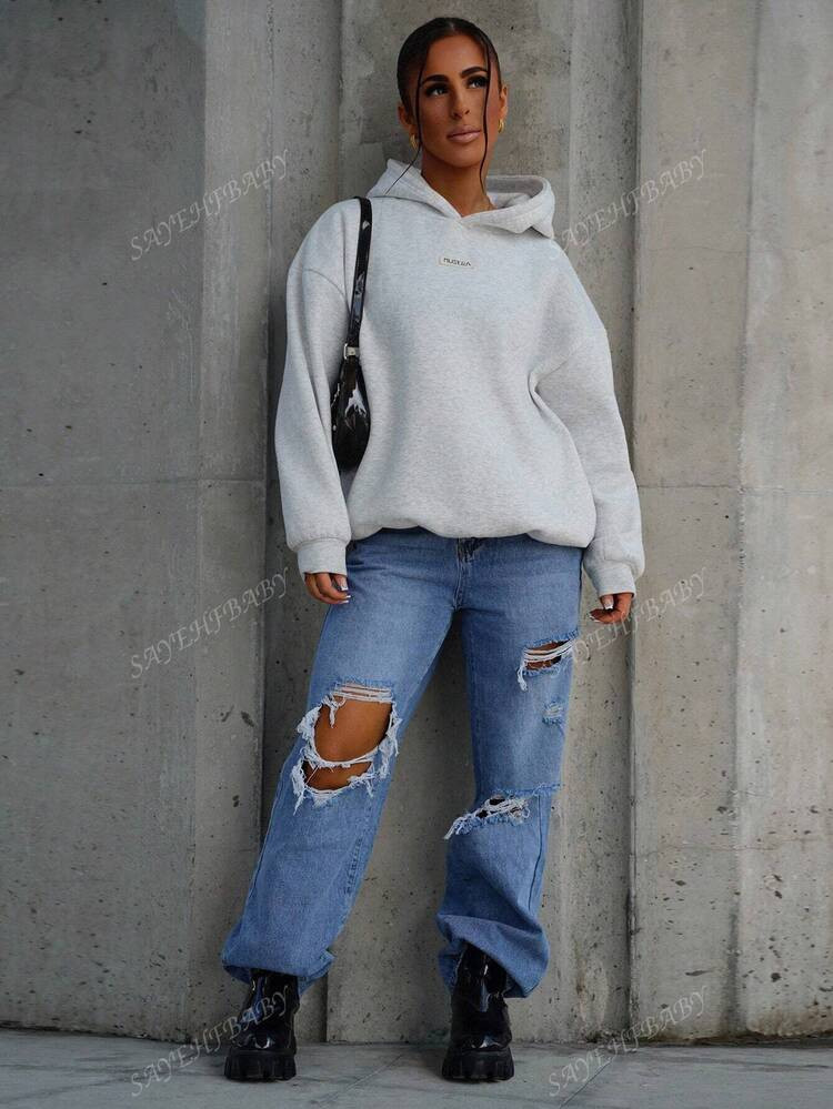 SAYEHFBABY Women's Loose Fit Casual Straight Leg Jeans With Pockets And Distressed Holes,Ladies C... | SHEIN