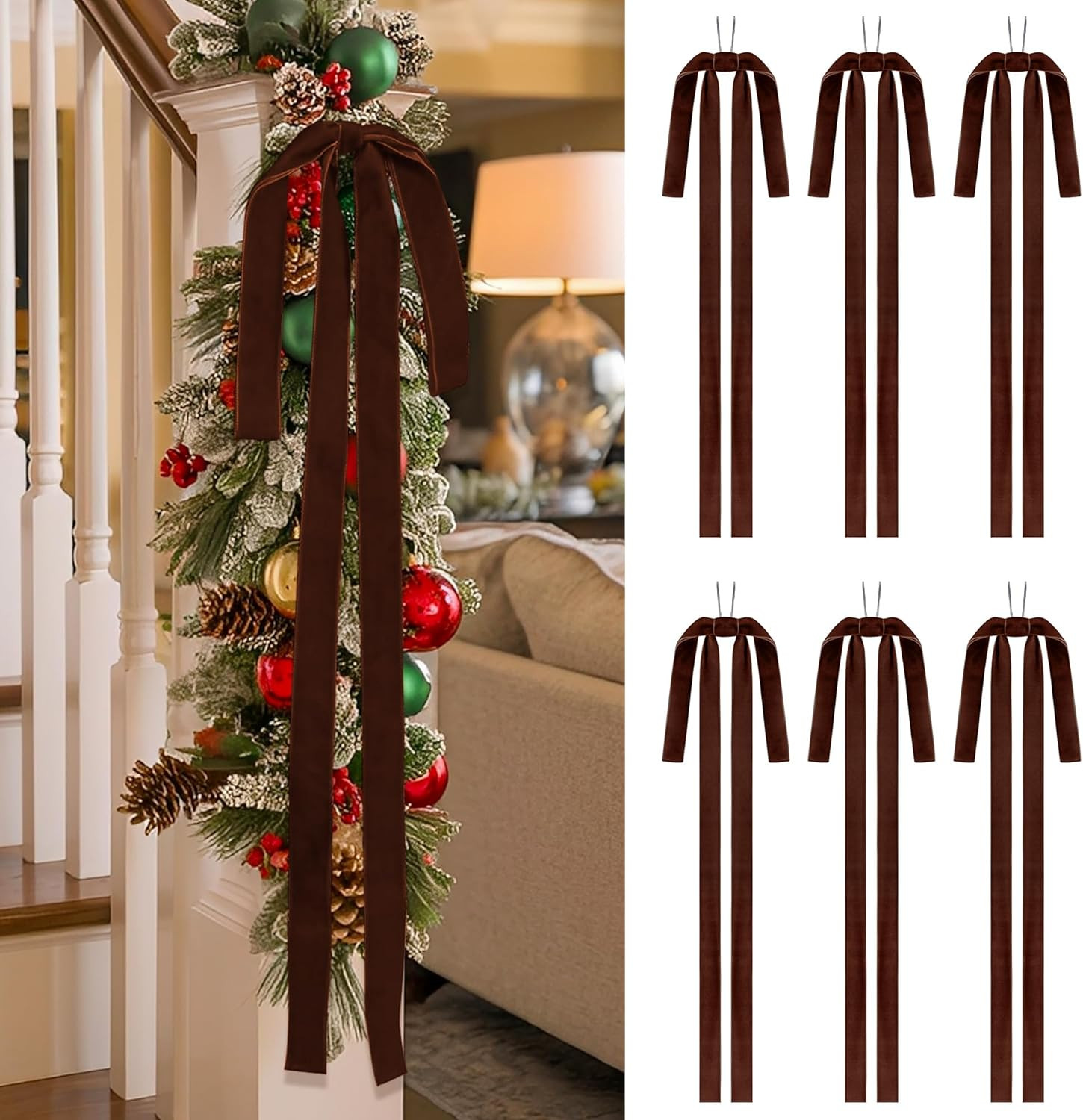 SIMISI RIBBON Brown Long Velvet Bows Ornaments for Christmas Tree, Wreath, Garland, Swag, Stairca... | Amazon (US)