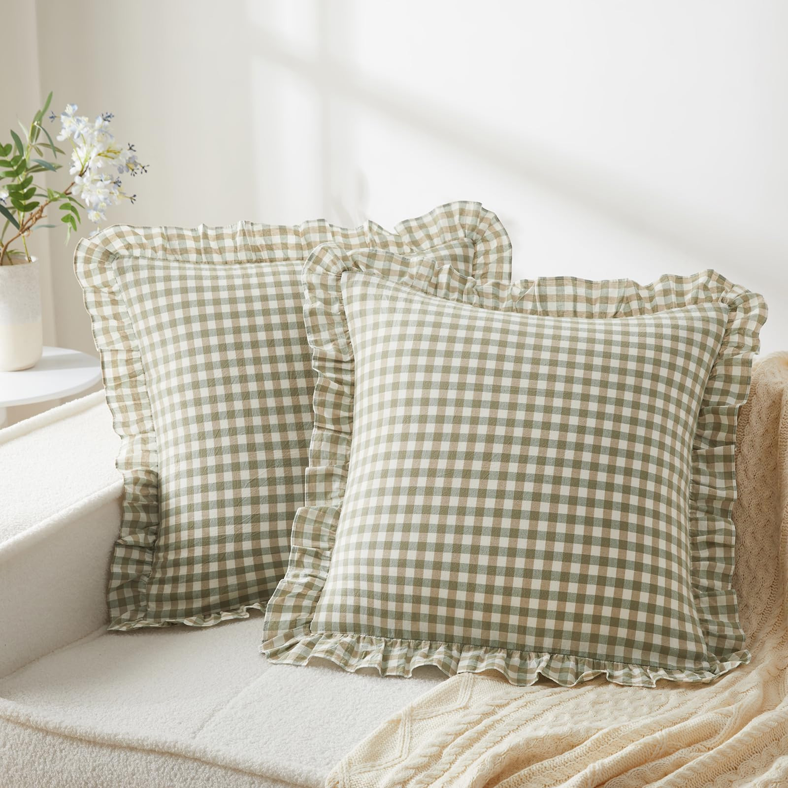 KKJIAF Ruffle Gingham Pillow Covers 20 x 20 Inches, Cotton Gingham Pillow Cases Set of 2, Linen F... | Amazon (US)