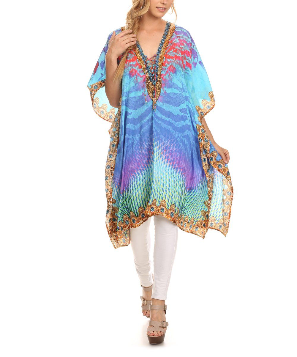 Pink & Turquoise Abstract Rhinestone Lace-Up Caftan - Plus | zulily