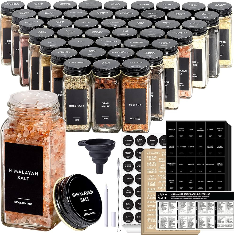 Laramaid 4oz 48Pack Glass Jars with 459 Minimalist Black Vinyl Spice Labels, Shaker Lids Dispense... | Amazon (US)