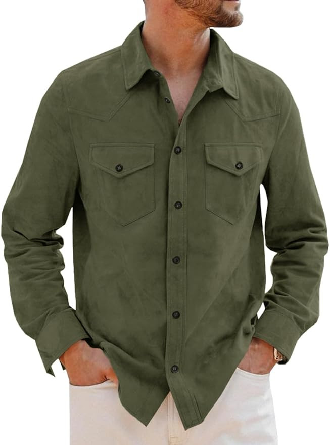 Runcati Mens Long Sleeve Suede Shirts Button Down Shacket Casual Work Western Regular Fit Shirt J... | Amazon (US)