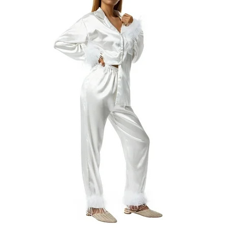 Argeousgor Women Satin Silk Pajamas Set Feather Trim Long Sleeve Shirt Pants Button Down 2 pieces Pj | Walmart (US)