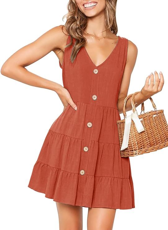 MITILLY Women's Summer Sleeveless V Neck Button Down Casual Pocket Swing Short Dress | Amazon (US)