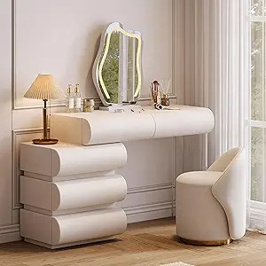 homary White Makeup Vanity Set with LED Mirror and Dressing Stool, Modern PU Leather Dressing Tab... | Amazon (US)