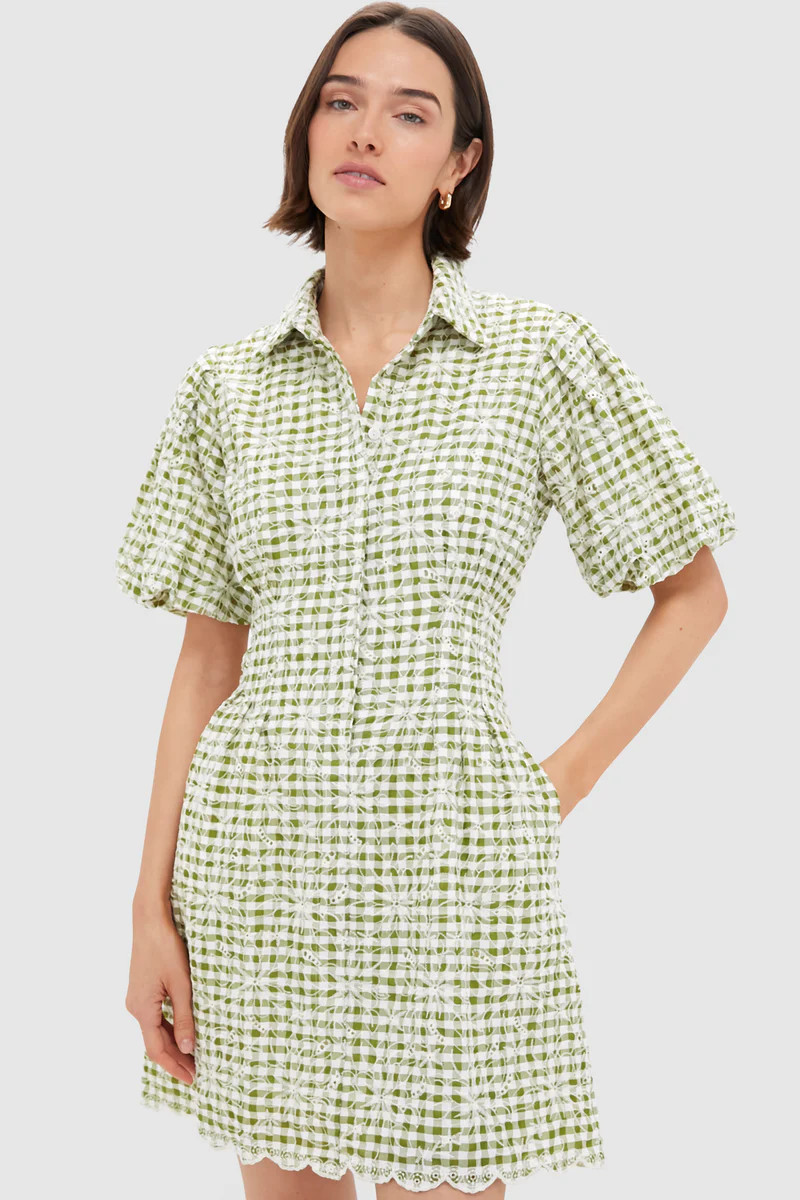 Embroidered Floral Green Gingham Mini Delaney Dress | Tuckernuck (US)