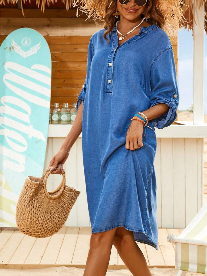 SHEIN VCAY Women Sleeveless Denim-Look A-Line Dress, Summer Casual Dress For Women, Mother`S Day ... | SHEIN