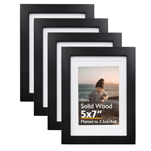 KINLINK 5x7 Picture Frame Black, Solid Wood Frames 5x7 with Acrylic Plexiglass for Pictures 4x6 With Mat,Tabletop and Wall Display, 5 x 7 Picture Frame Set of 4 | Amazon (US)