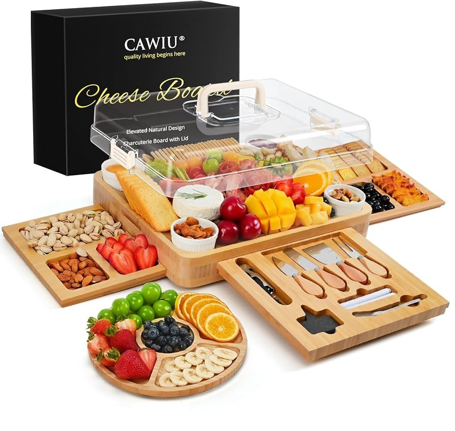Charcuterie Board with Lid – Large Bamboo Cheese Board Set with Utensils & Drawers – Housewar... | Amazon (US)