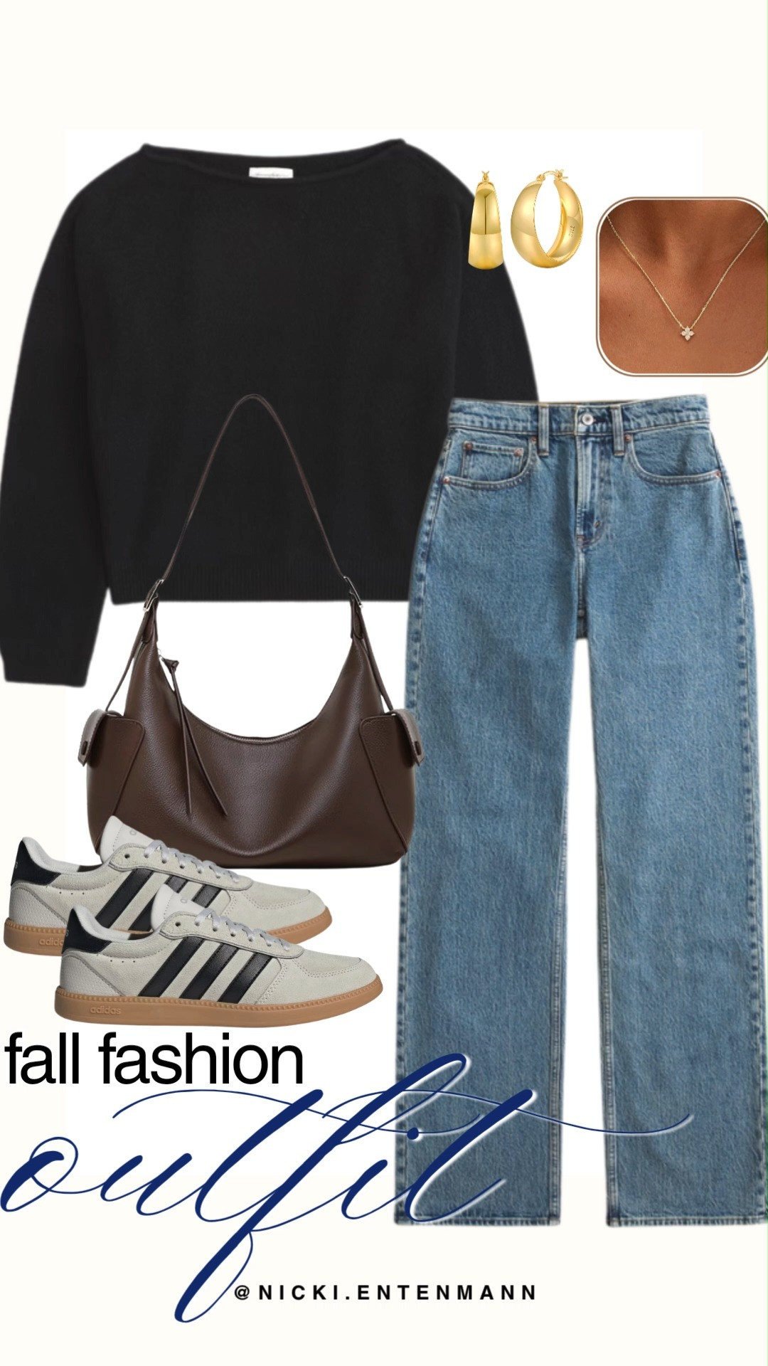 Master simple, elevated street style with this versatile fall fashion outfit edit. High-waisted medium-wash straight-leg jeans team perfectly with a relaxed long-sleeve black knit sweater. Retro neutral Adidas sneakers, a rich chocolate brown shoulder bag, thick gold hoop earrings, and a delicate floral pendant necklace finish the look with chic, everyday polish.

#fallfashion #falloutfit #streetstyle #outfitinspiration #preppycasual #everydaystyle #casualoutfit 

 #LTKootd #LTKmomlife #LTKSaleAlert