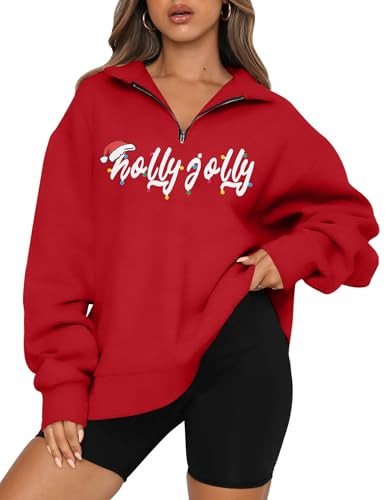 Christmas Sweatshirt Women Half Zip Pullover Oversized Lightweight Holly Jolly Sweater Xmas Holiday Tops Y2k Clothes Red | Amazon (US)