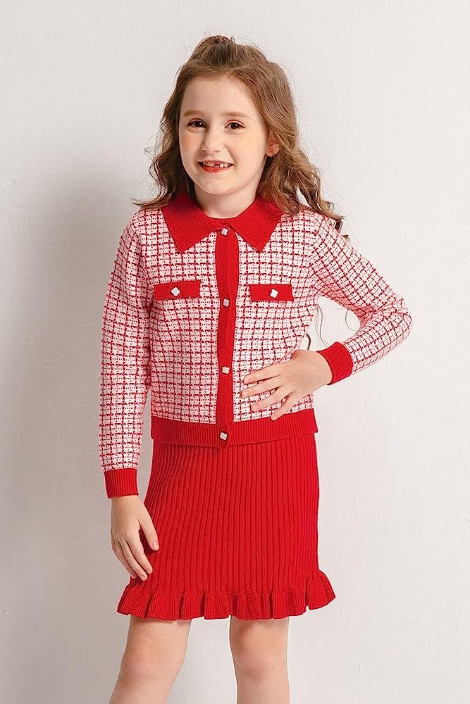 SMILING PINKER Girl Ribbed Knit Sleeveless Dress and Houndstooth Cardigan Sweater Winter Set | Amazon (US)