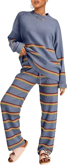 LILLUSORY 2 Piece Sets for Women 2025 Fall Outfits Two Piece Lounge Sets Sweatsuits Striped Knit ... | Amazon (US)
