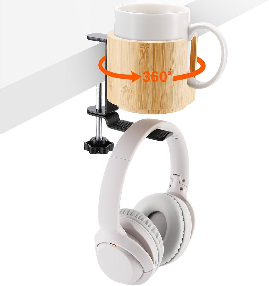 Nnewvante Desk Cup Holder, 2 in 1 360° Rotating Headphone Hanger Under Desk, 360° Anti-Spill Cu... | Amazon (US)