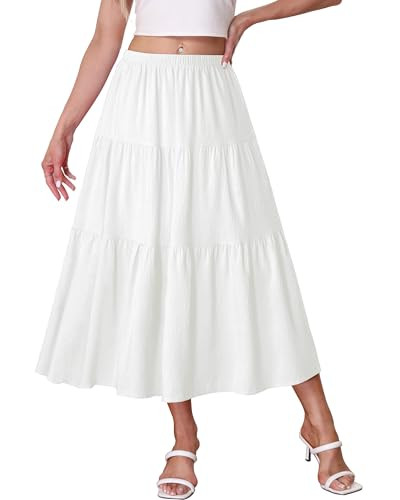 Women's Boho Midi Skirt A-Line Ruffle Elastic High Waist Tiered Flowy Skirts | Amazon (US)