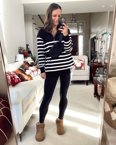 Winter outfit idea - amazon striped sweater (true to size wearing a small), amazon leggings (true to size wearing a small), amazon boots (true to size), belt bag 

#LTKstyletip #LTKunder50 #LTKSeasonal