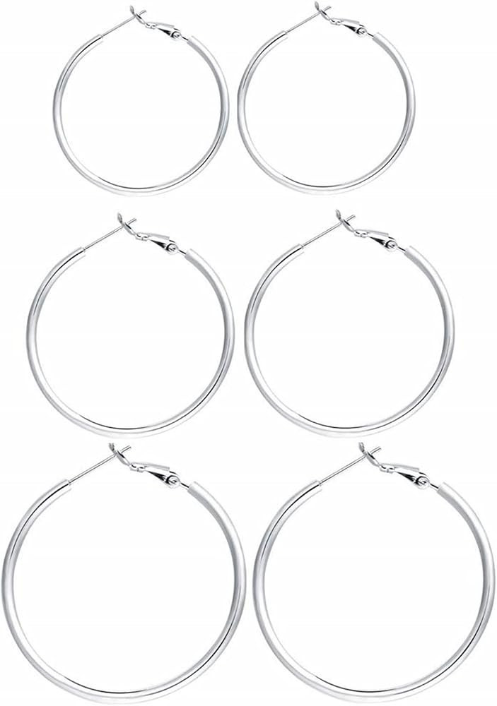 3 Pairs Sterling Silver Post Hoop Earrings - 14k White Gold Plated Hoop Earrings Big Hoop Earring... | Amazon (US)