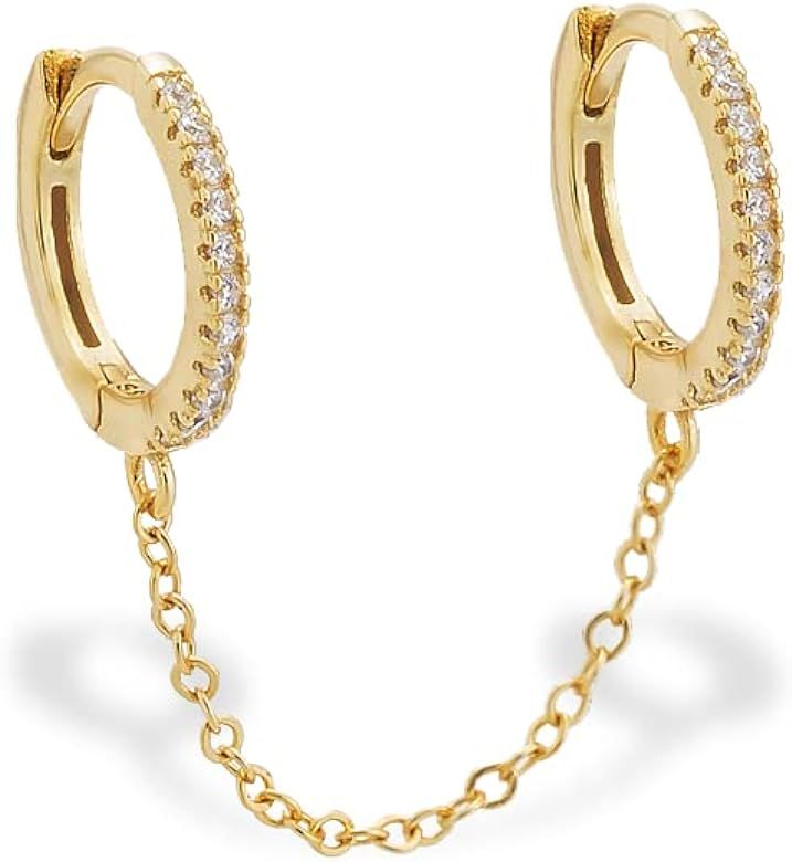 Adina Eden | CZ Double Huggie Chain Earring| Trendy Fashion Jewelry for Women | Chain Tiny Hoops ... | Amazon (US)