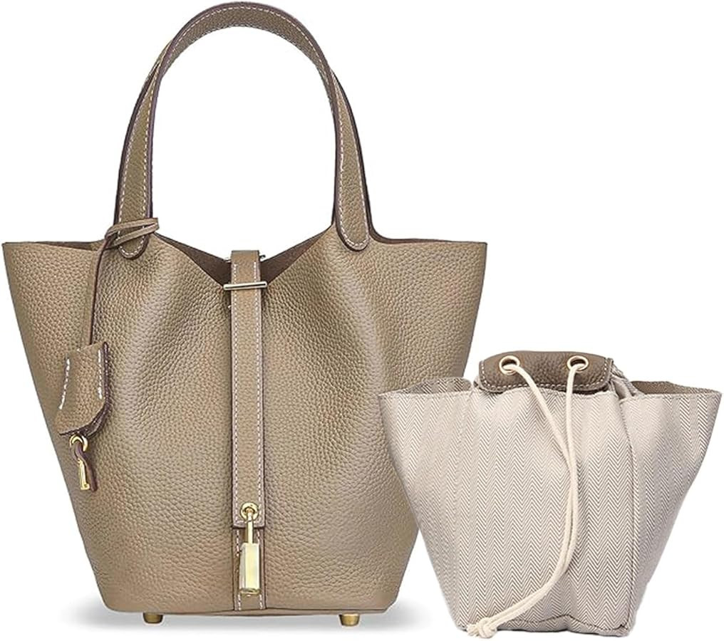 Genuine Leather Lock Design Bucket Bag for Women, Vegetable Basket Fashionable Versatile Handbag ... | Amazon (US)