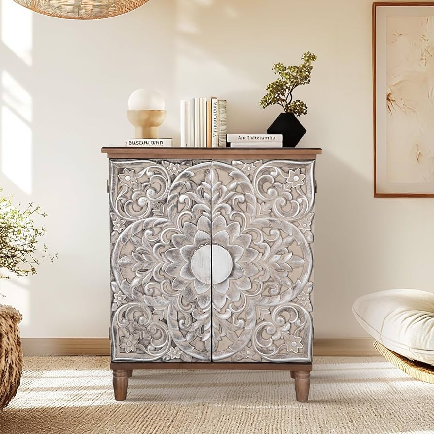 MFSTUDIO Wood Accent Storage Cabinet with 2 Doors, Vintage Buffet Sideboard Embossed Pattern Deco... | Amazon (US)