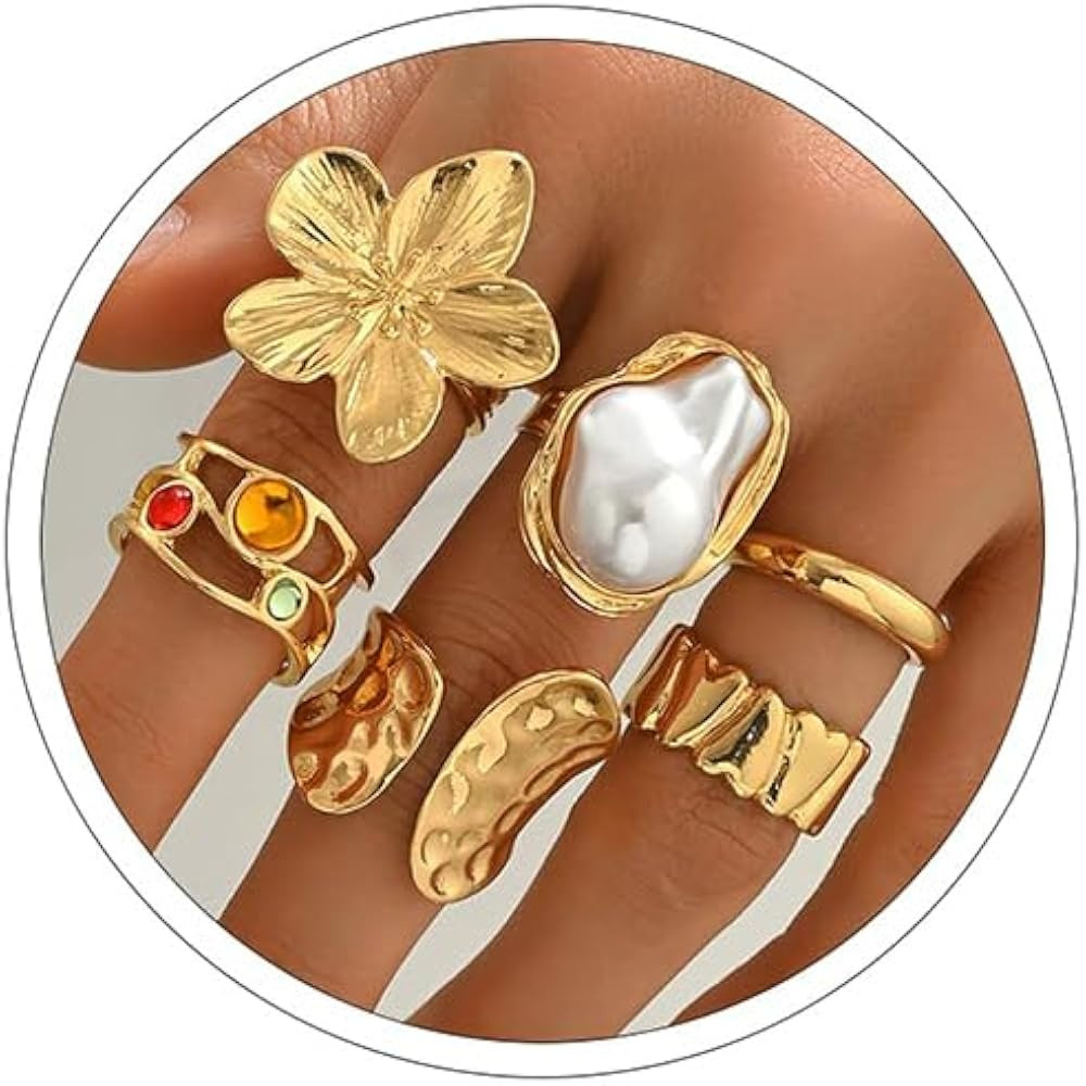 Otxas Chunky Rings for Women Adjustable Statement Rings Baroque Pearl Flower Ring Stackable Rings... | Amazon (US)