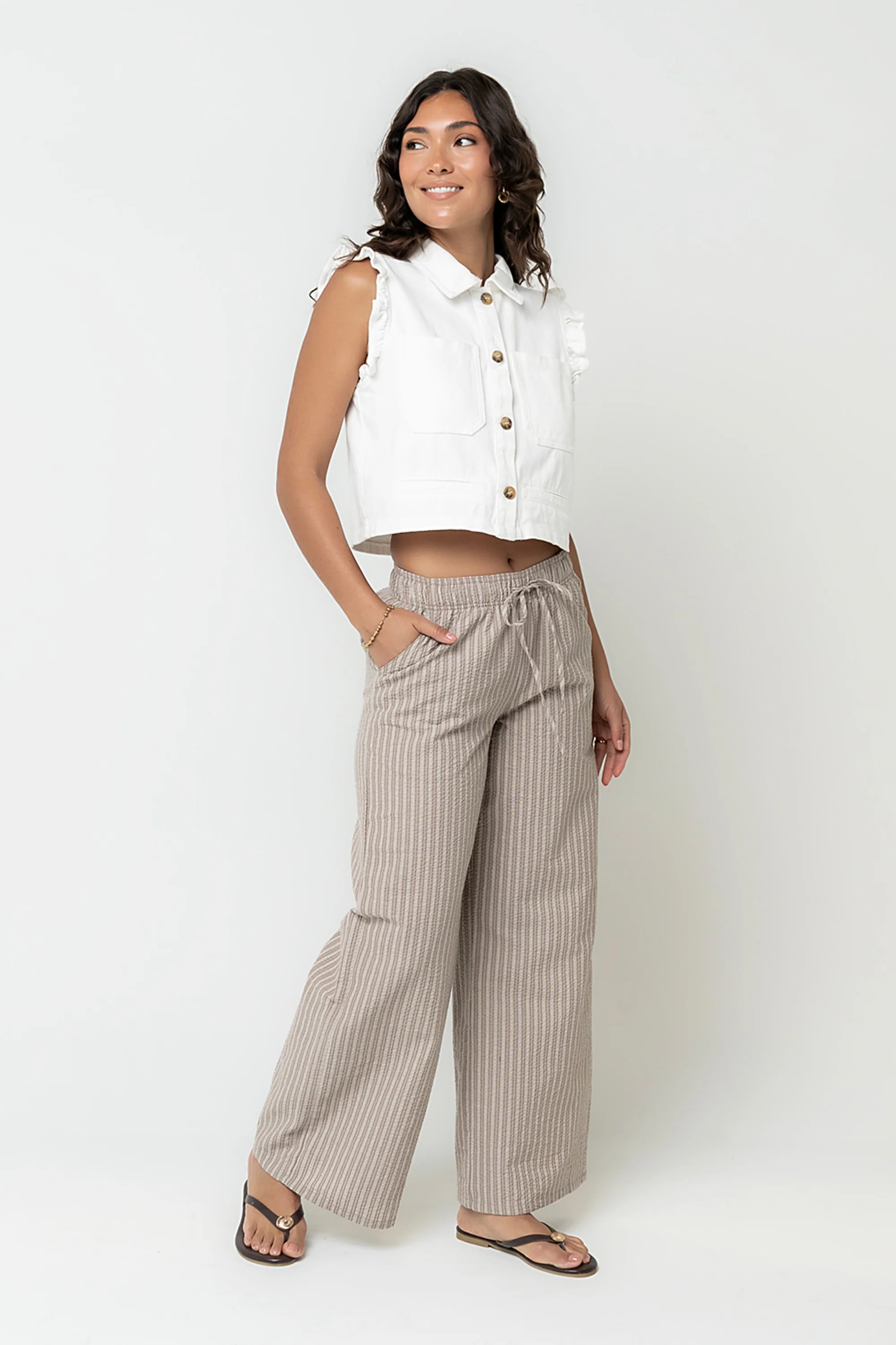 Jaycie Ruffle Denim Vest in White | Böhme US