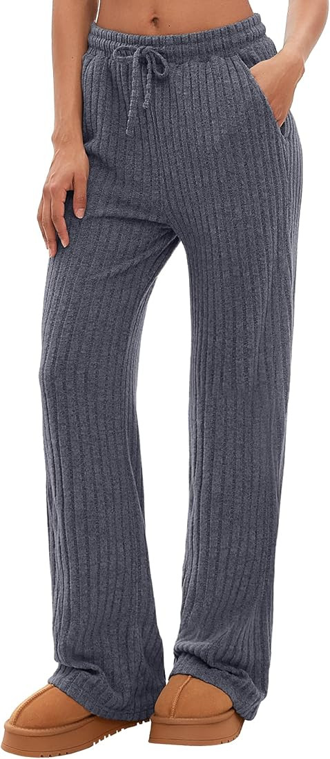 Darong Womens Ribbed Kint Wide Leg Lounge Pants Fall Comfy Drawstring Loose Trousers with Pockets | Amazon (US)