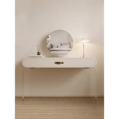 Curved Cream Makeup Vanity Desk Large Single Drawer And Acrylic Support Legs | Wayfair North America