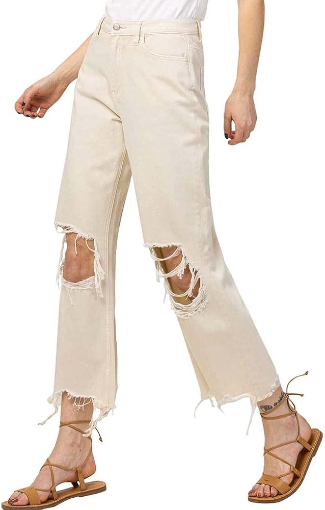 VERVET by Flying Monkey Distressed Cropped Flare Jeans Cream High-Waist | Amazon (US)