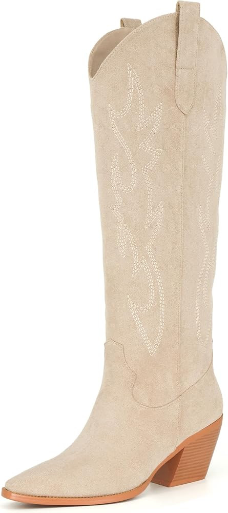 iiimmu Cowboy Boots for Women Cowgirl Western Knee Hight Boots Embroidered Chunky Block Heel Poin... | Amazon (US)