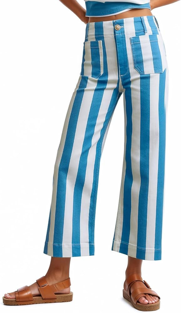 Kedera Women Striped Pants Wide Leg Trousers Casual High Waisted Pants Summer Flare Jeans with Pa... | Amazon (US)
